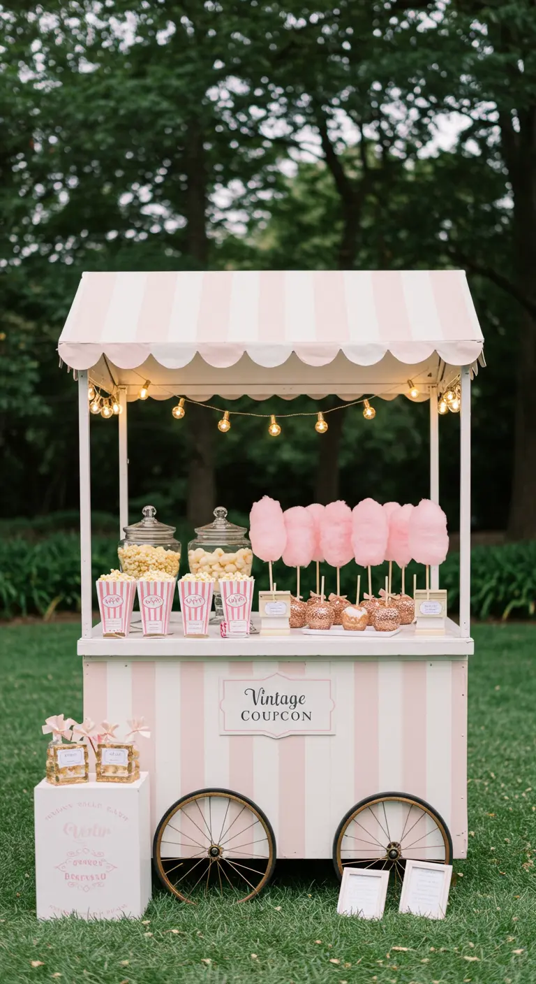Carrito de dulces de estilo feria vintage con rayas rosas y blancas, y algodón de azúcar.