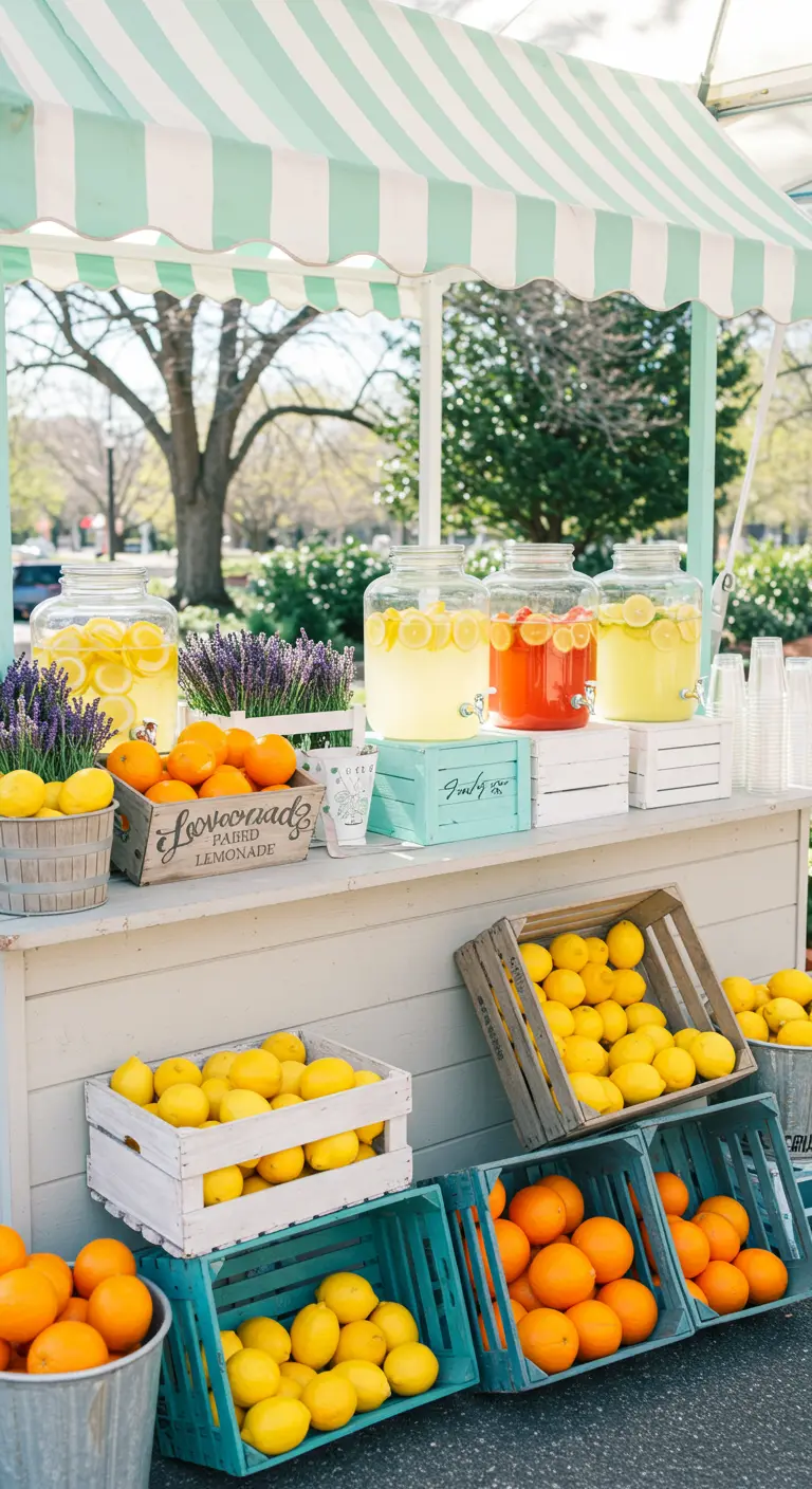 Puesto de limonada con toldo a rayas, cajas de cítricos y plantas de lavanda.