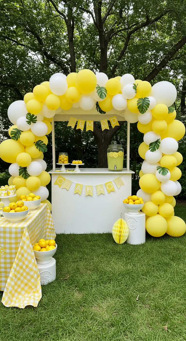 Puesto de limonada decorado con un arco de globos amarillos y blancos y hojas verdes.