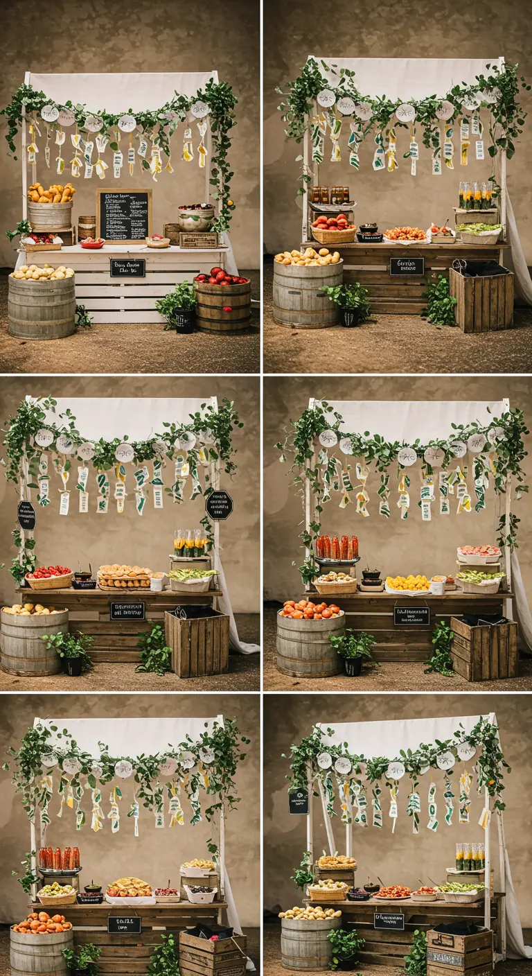 Collage de un puesto de comida rústico decorado con una guirnalda de etiquetas de papel y vegetación.