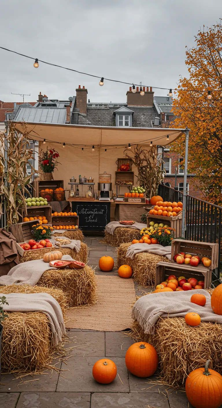 Terraza decorada como un mercado de otoño con balas de paja, calabazas y cajas de fruta.