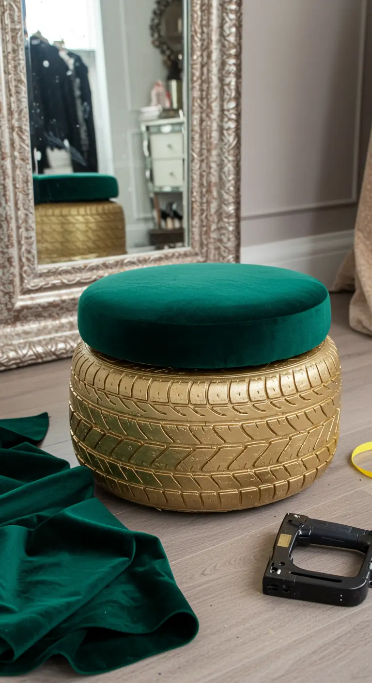 Puf con base de neumático pintado de dorado y un asiento tapizado en terciopelo verde esmeralda.