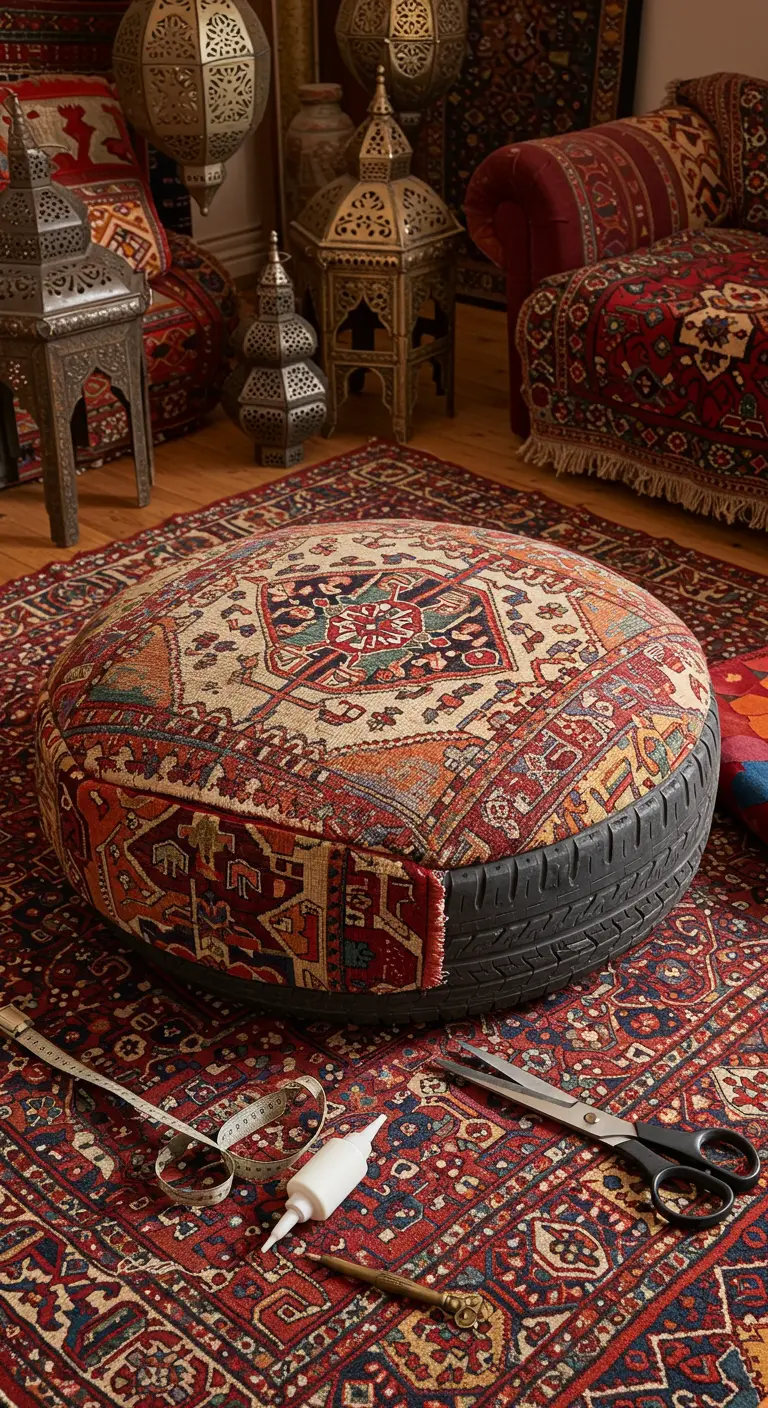 Puf hecho con un neumático y tapizado con una colorida alfombra de estilo kilim.