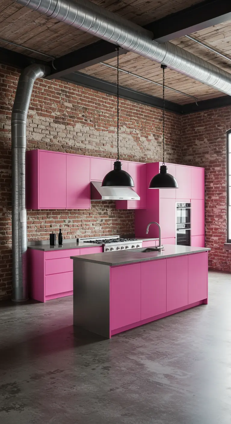 Cocina industrial con gabinetes en rosa intenso, pared de ladrillo y conductos de metal a la vista.