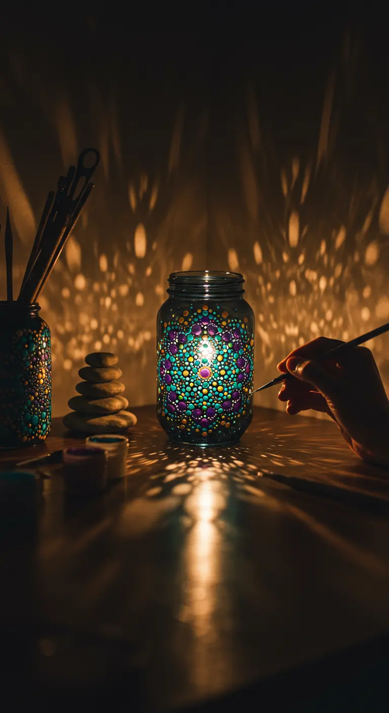 Lámpara de frasco pintada a mano con un detallado mandala de puntos de colores.
