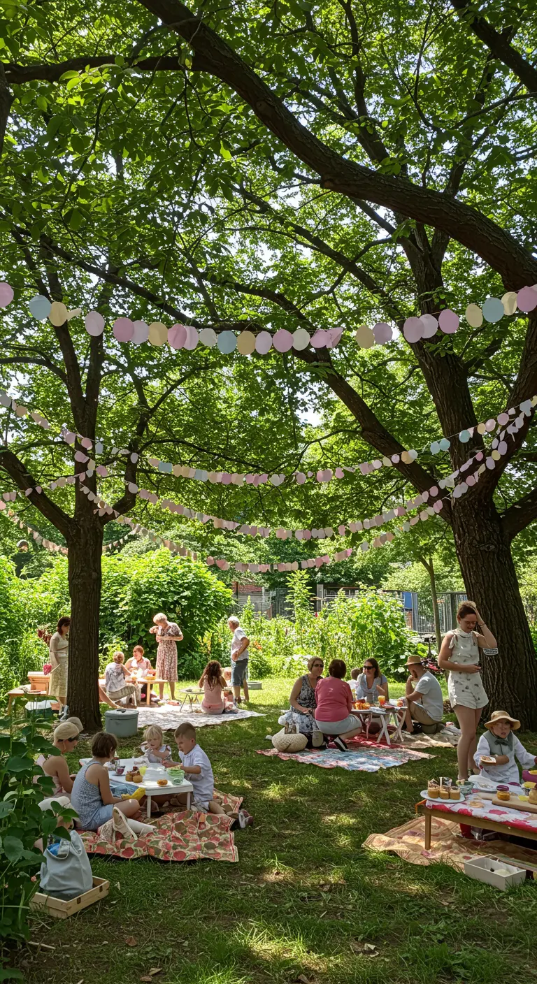 Picnic en un jardín con guirnaldas de círculos de papel pastel colgadas entre los árboles.