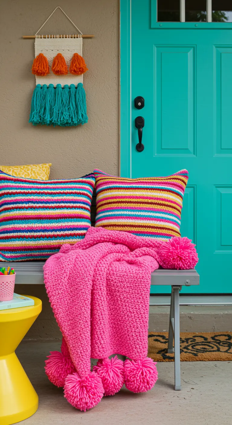 Banco con cojines de rayas de colores y una manta de punto rosa brillante con pompones gigantes.