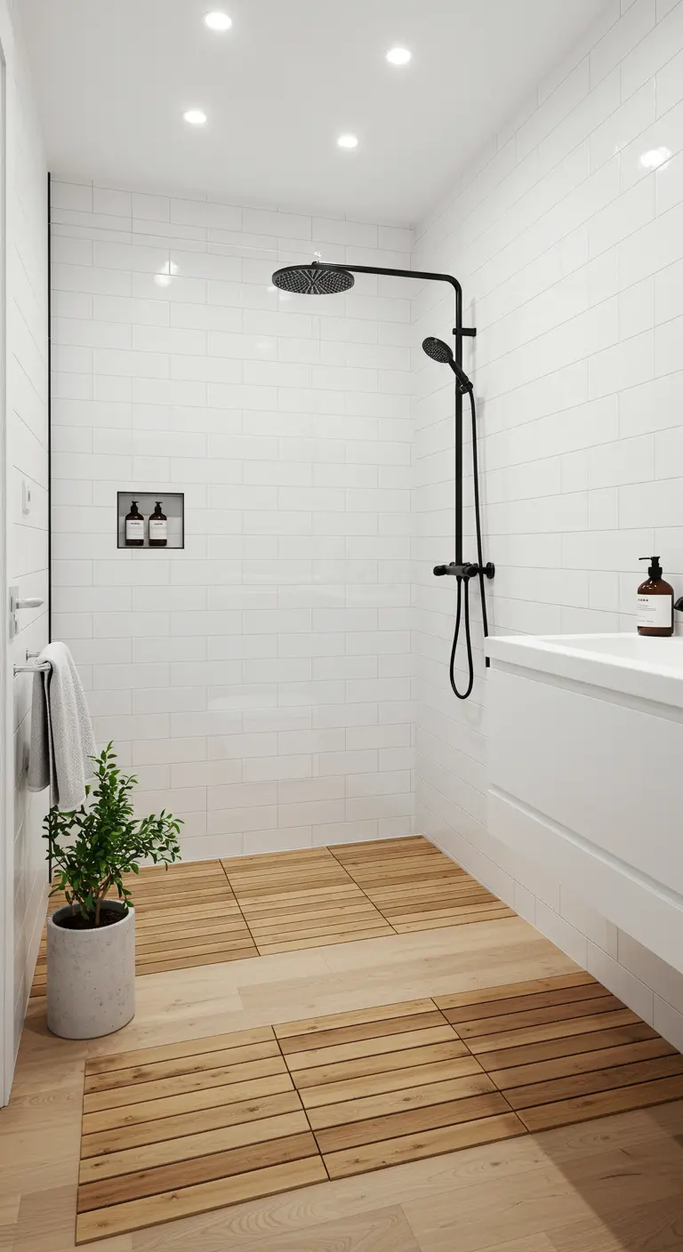 Ducha a ras de suelo con azulejos blancos y un suelo de listones de bambú.