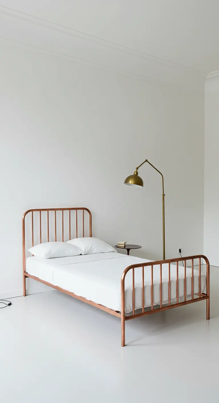 Cama con estructura de tuberías de cobre en un dormitorio blanco y minimalista.