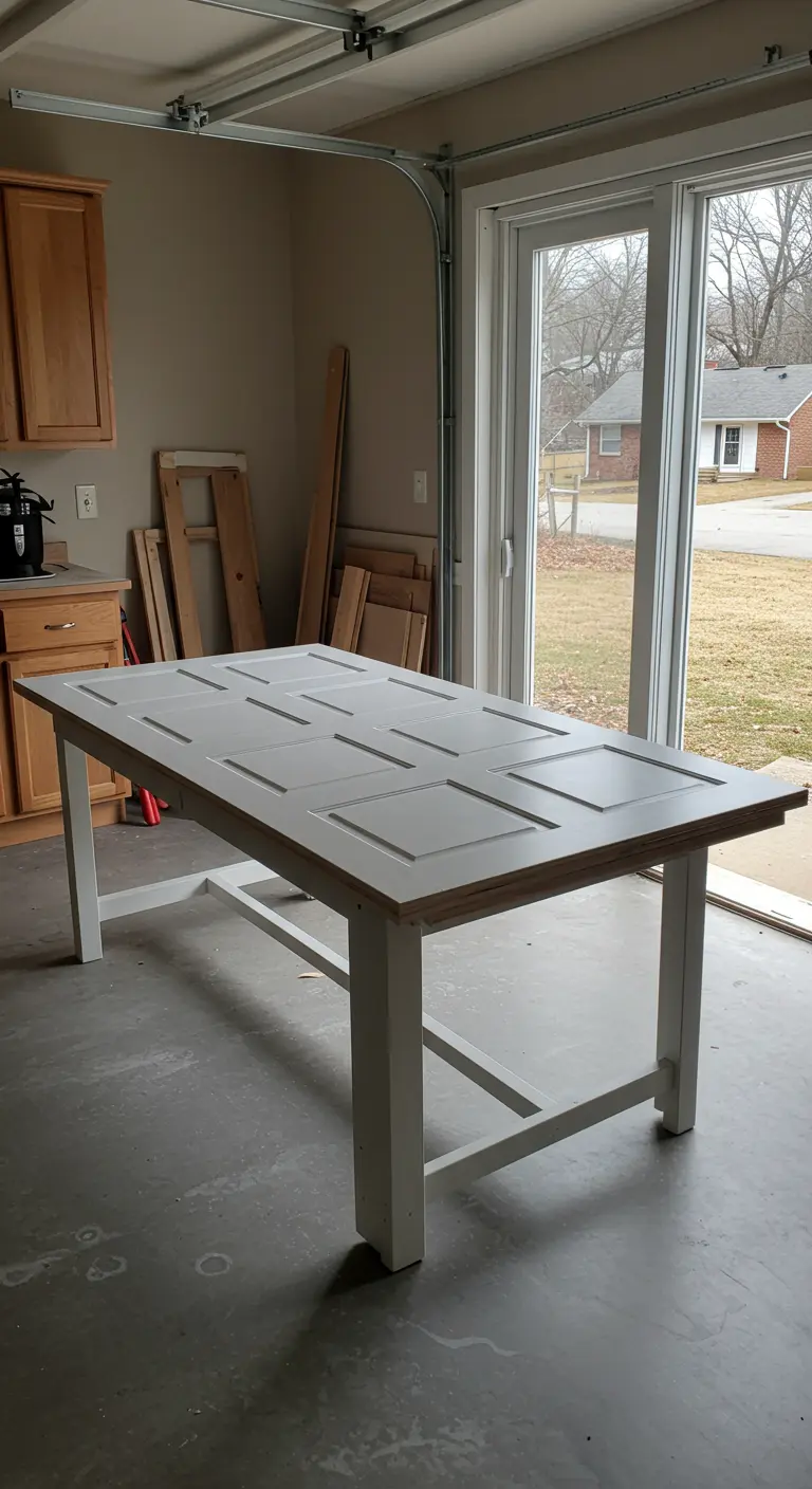 Mesa de comedor blanca y moderna hecha con una puerta de paneles geométricos en un garaje.