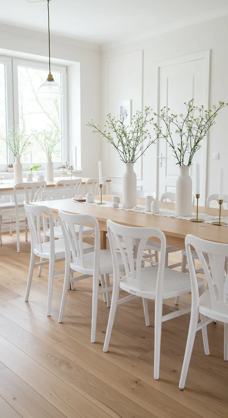 Comedor luminoso de estilo escandinavo con mesa de madera, sillas blancas y jarrones blancos con ramas.