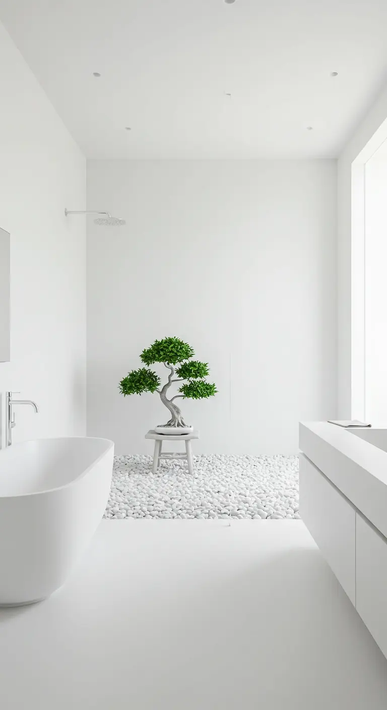 Baño completamente blanco con un suelo de piedras y un bonsái en el centro.