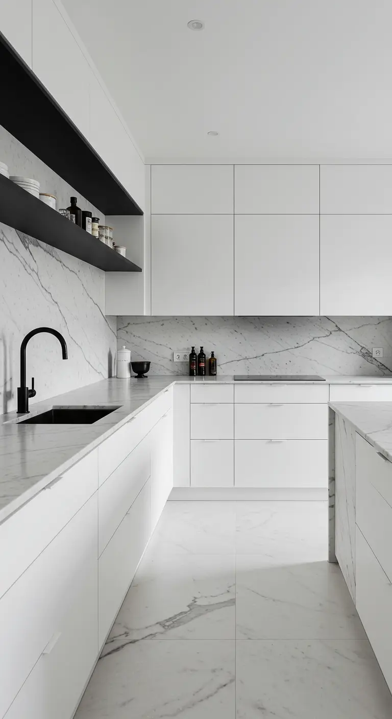 Cocina ultra minimalista en blanco y negro con una estantería negra flotante y gruesa.