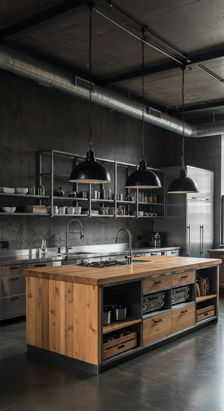 Cocina industrial con isla de madera, estanterías de acero y lámparas colgantes negras.