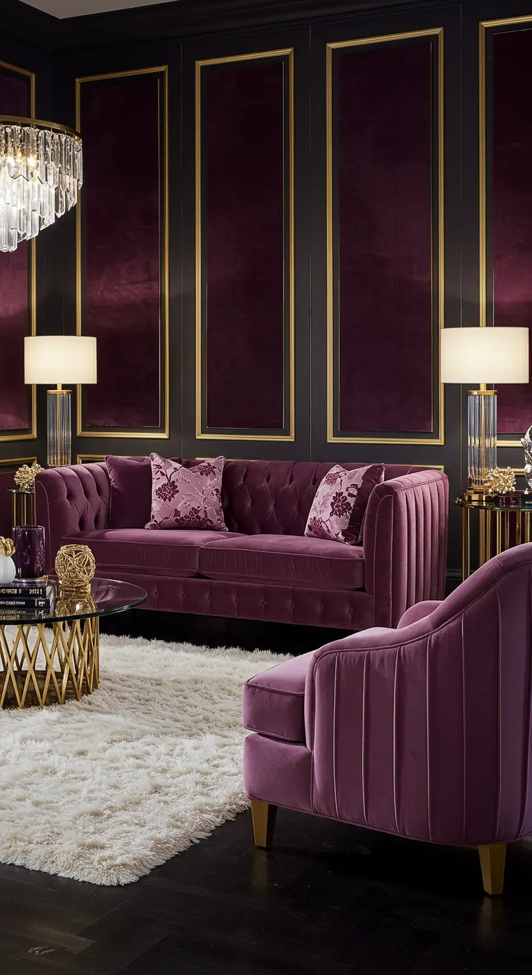 Sala de estar lujosa de estilo Art Déco en tonos púrpura y dorado con muebles de terciopelo.