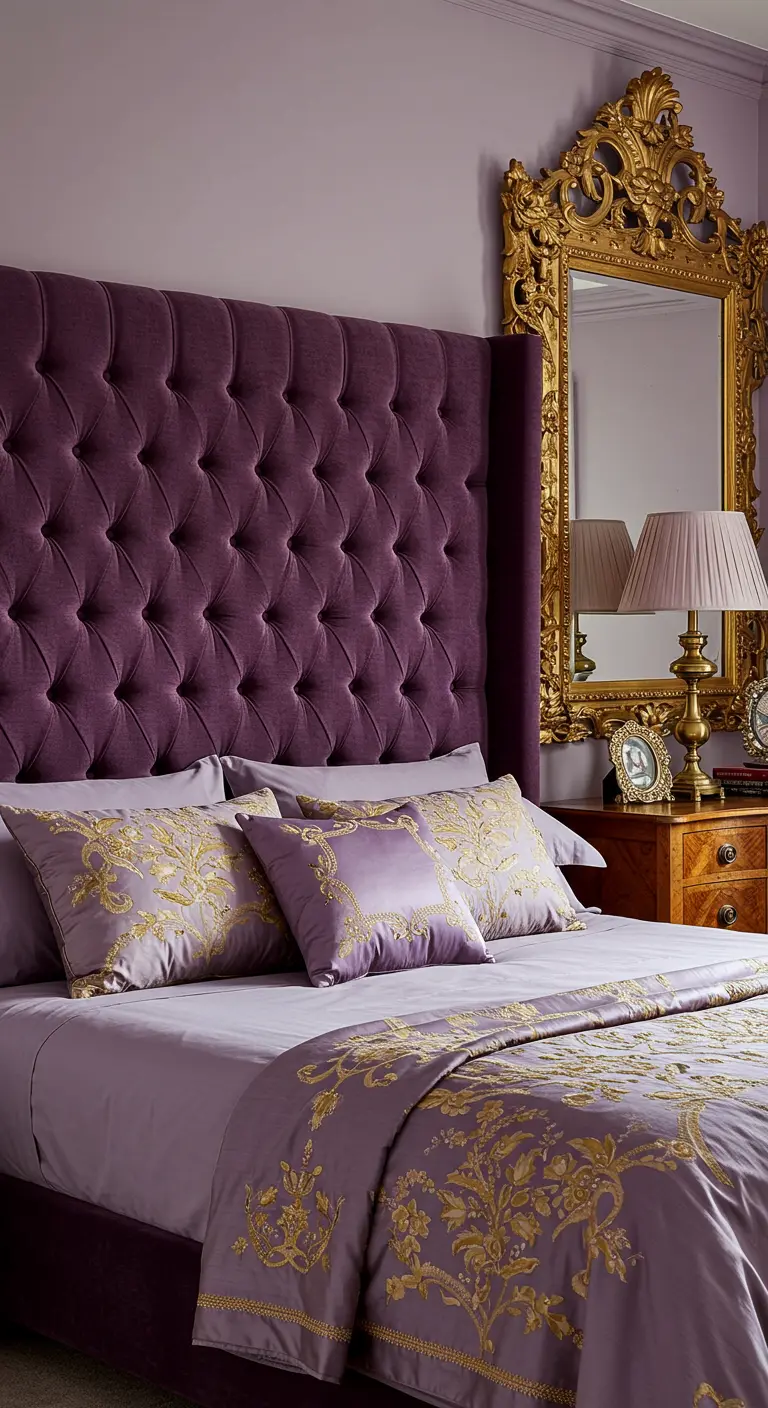 Dormitorio lujoso con cabecero de terciopelo púrpura y detalles en dorado