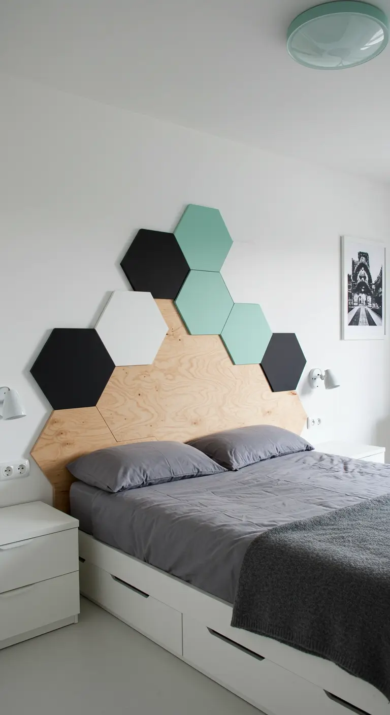 Cabecero de madera con hexágonos de colores (menta, negro, blanco) dispuestos de forma asimétrica