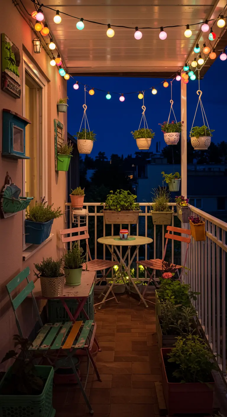 Balcón ecléctico y colorido con guirnalda de luces de colores, sillas de distintos tonos y muchas plantas.