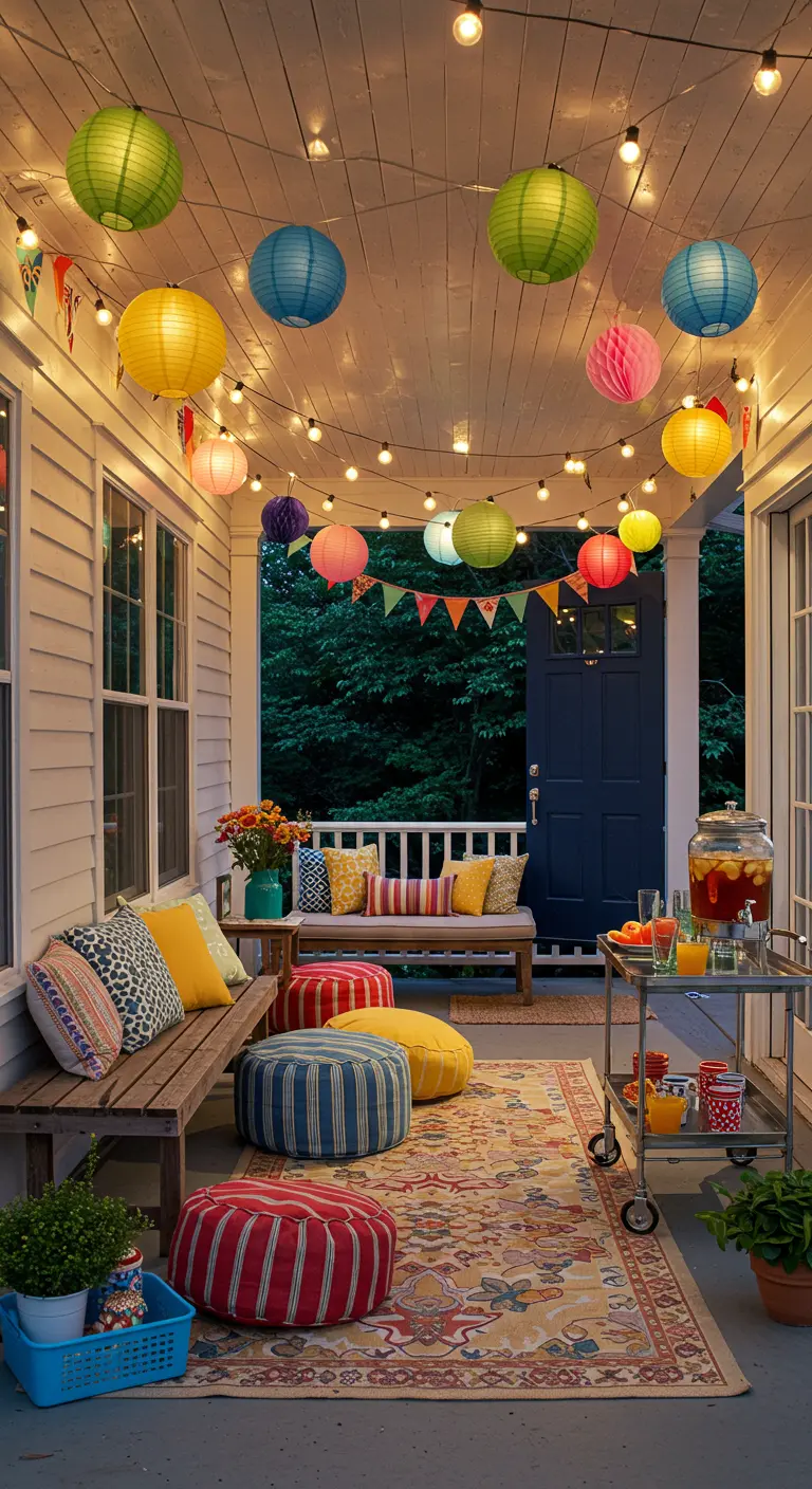 Porche decorado para una fiesta con farolillos de papel de colores, guirnaldas y cojines.