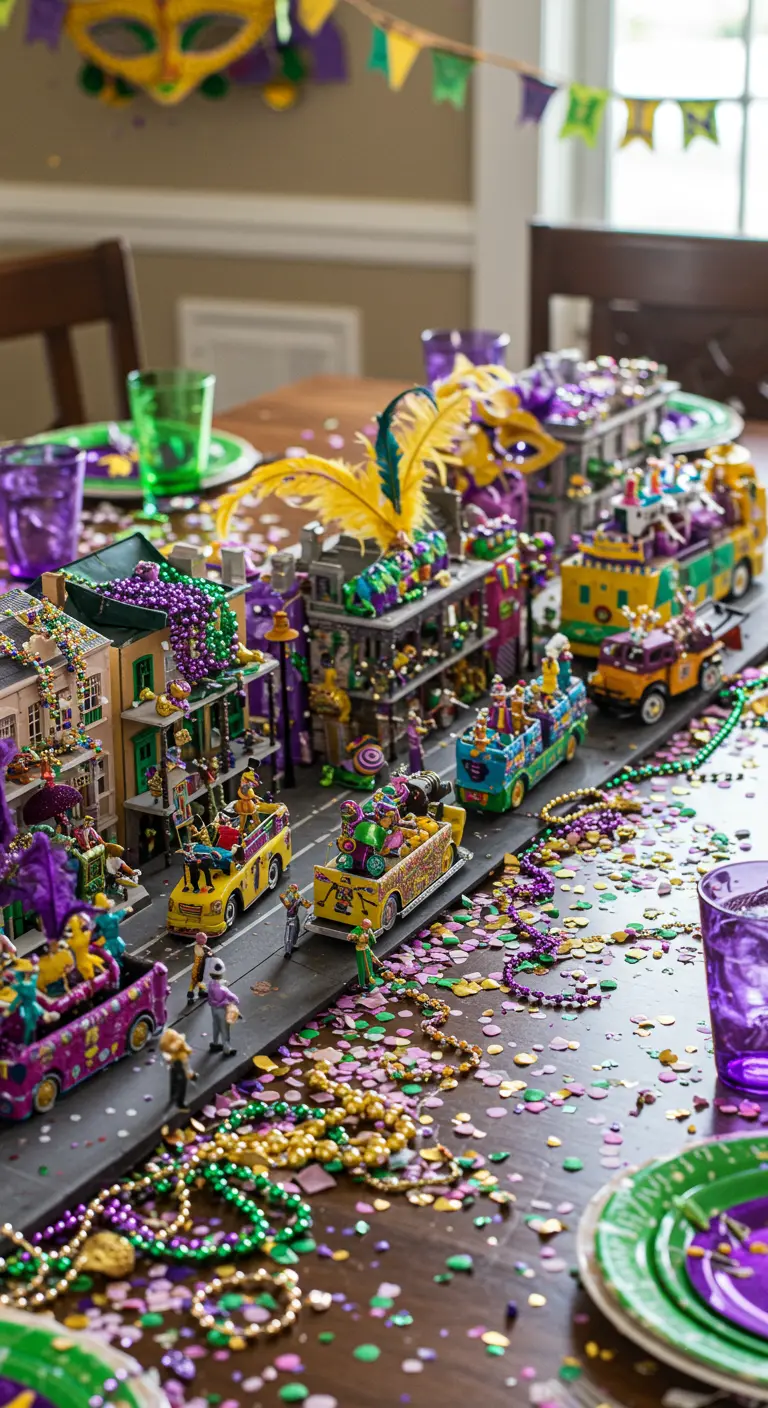Mesa de Mardi Gras llena de carrozas en miniatura, confeti y collares de cuentas.