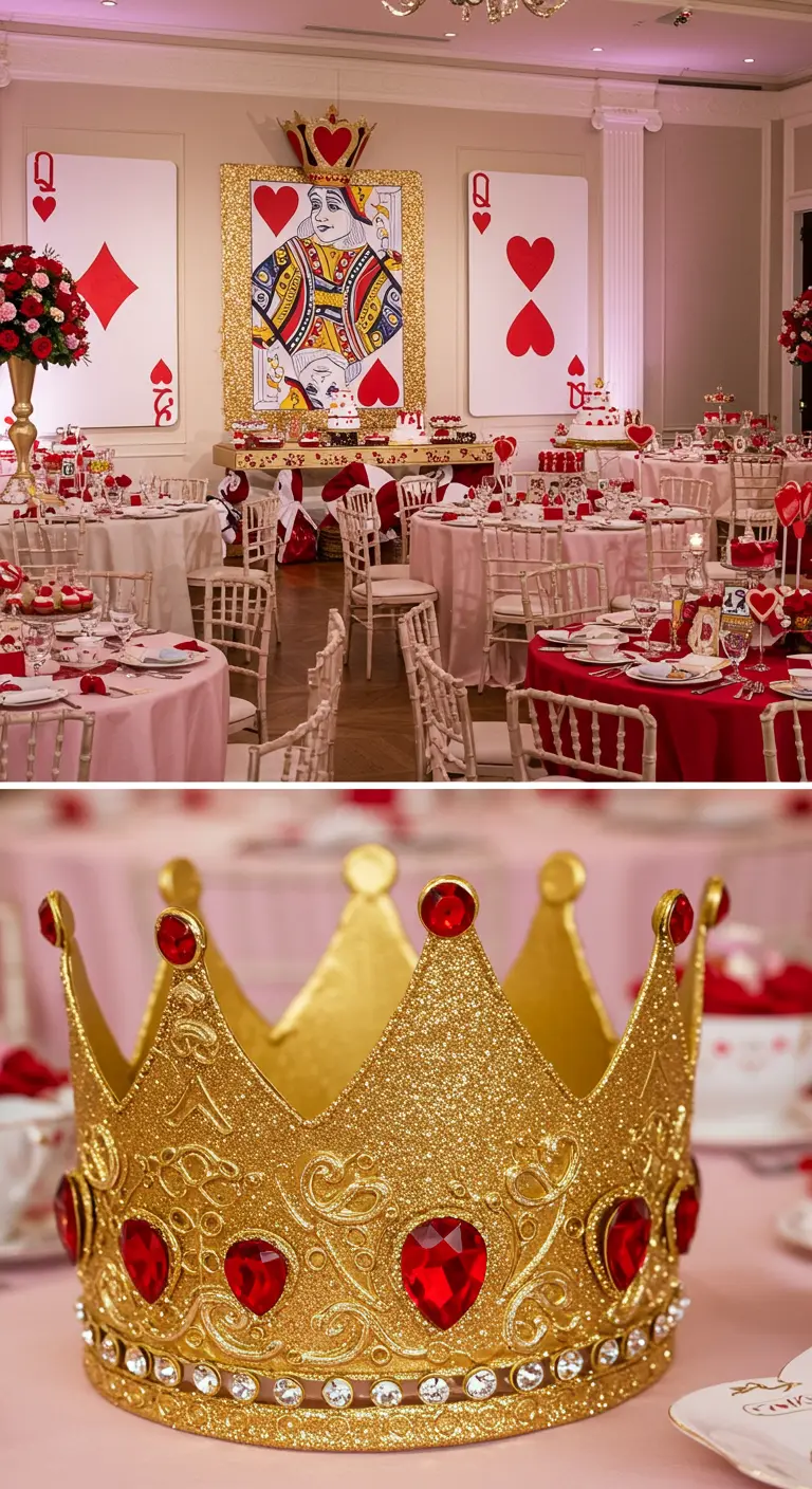 Fiesta de la Reina de Corazones con naipes gigantes y decoración en rojo y dorado.
