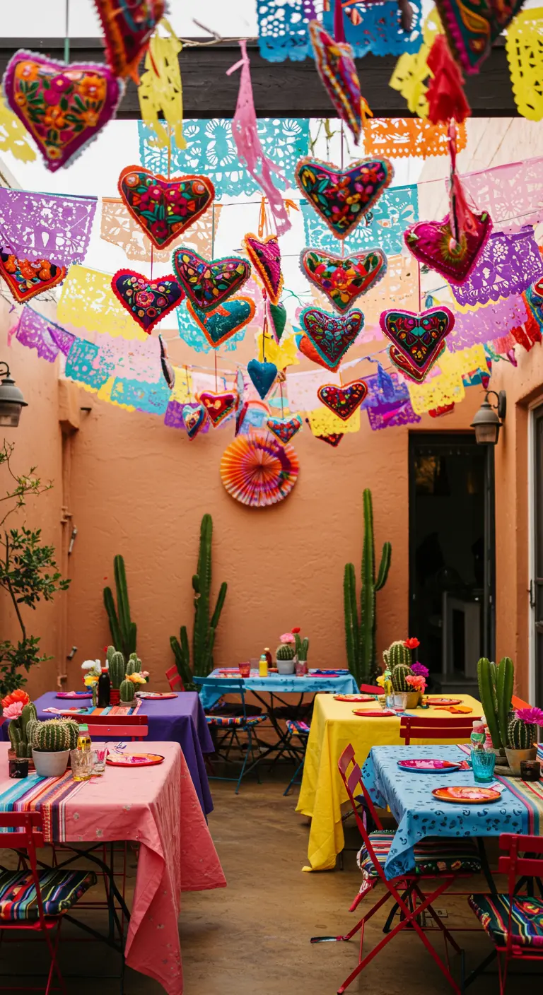 Patio de bodas decorado al estilo de una fiesta mexicana con corazones bordados y papel picado.