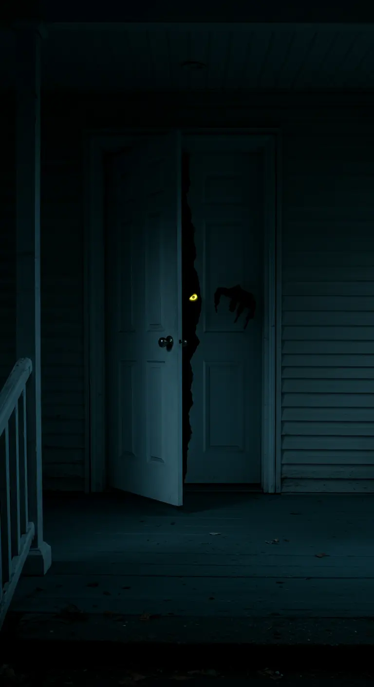 Puerta de porche entornada en la oscuridad, con un ojo amarillo brillante y una mano asomándose.
