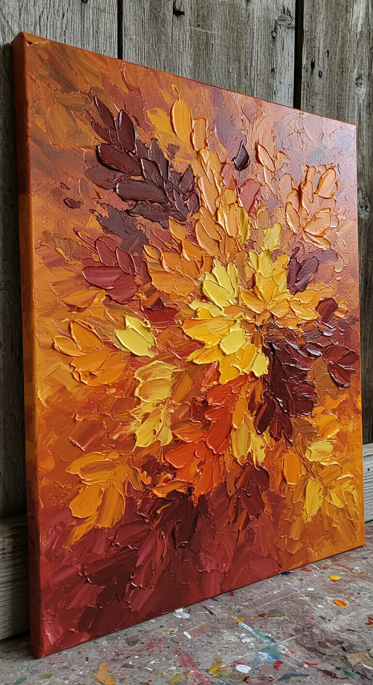 Cuadro con hojas de otoño texturizadas en colores cálidos.