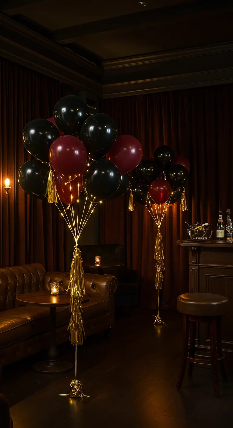 Ramos de globos negros y burdeos con luces LED y borlas doradas en un bar oscuro.
