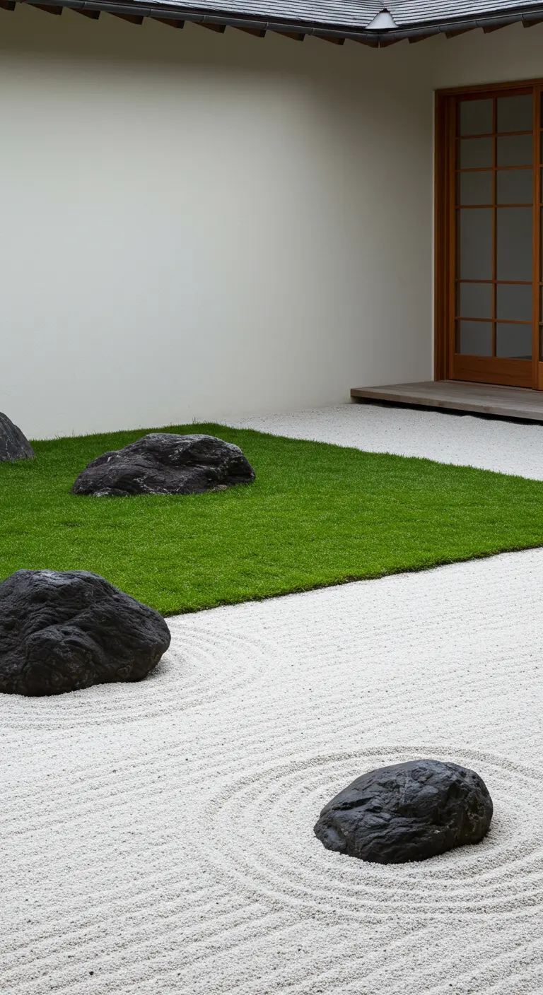 Jardín zen con arena blanca rastrillada, rocas oscuras y un área de césped verde.