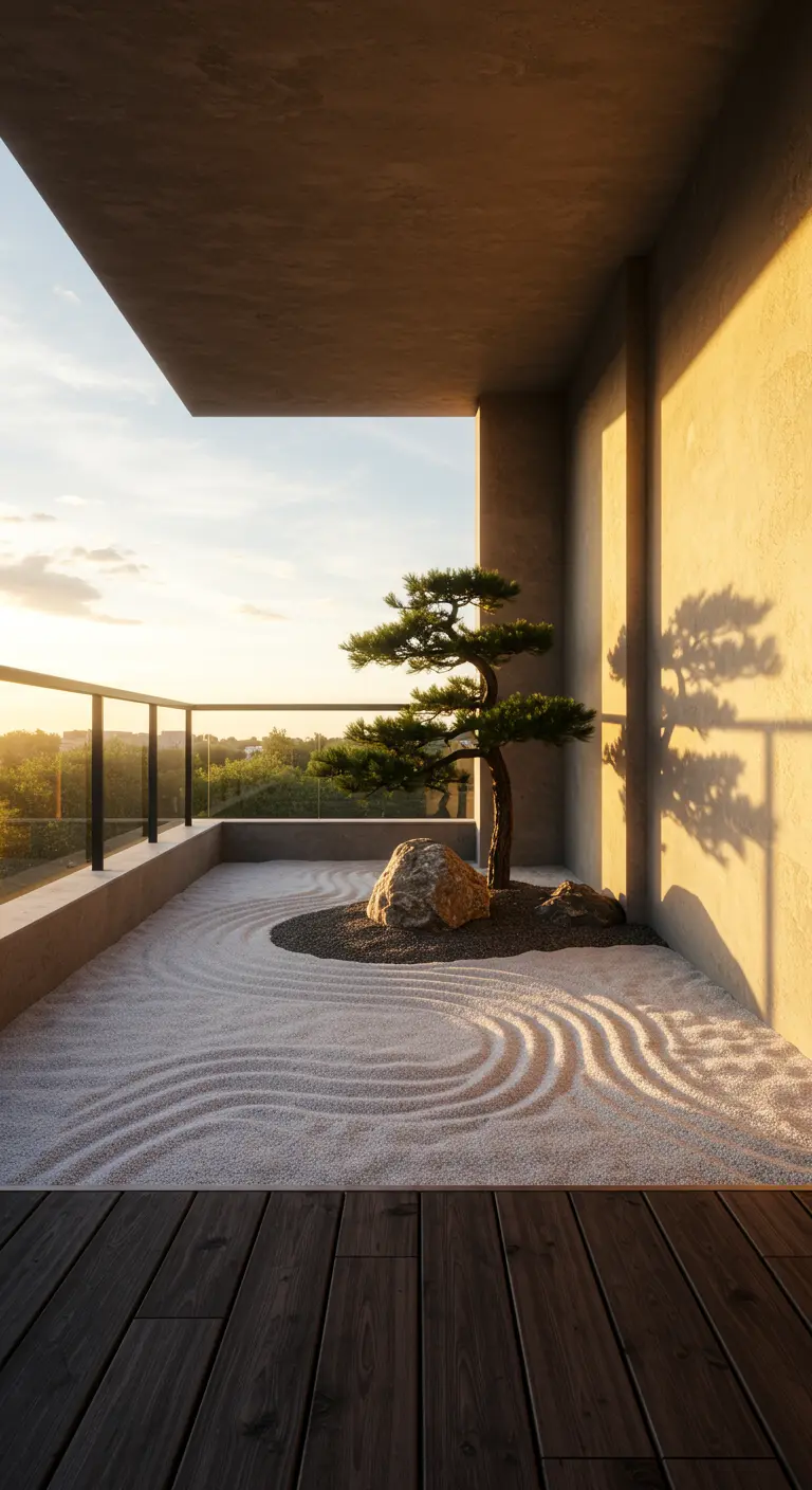 Balcón con jardín zen de arena rastrillada, una roca grande y un bonsái solitario.