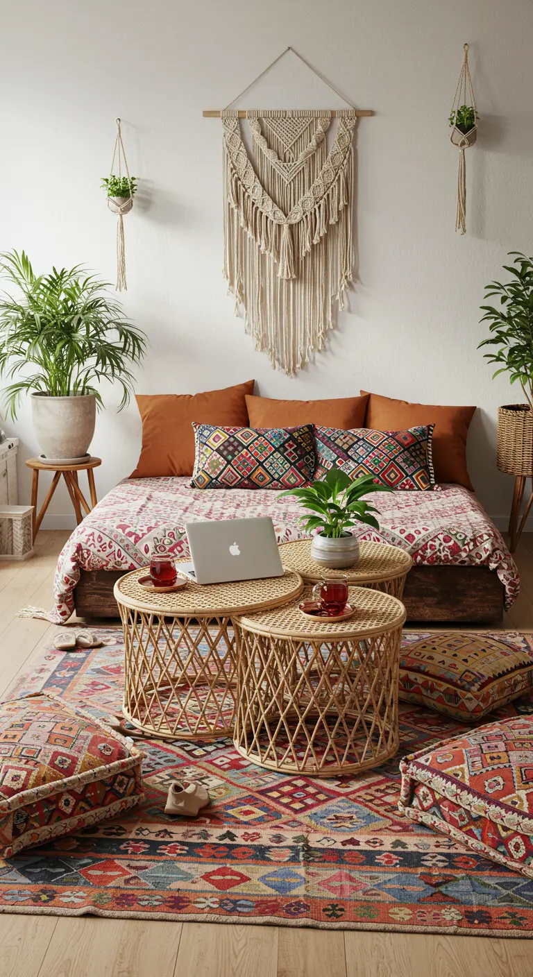 Trío de mesas nido de ratán en un dormitorio bohemio con textiles coloridos y macramé