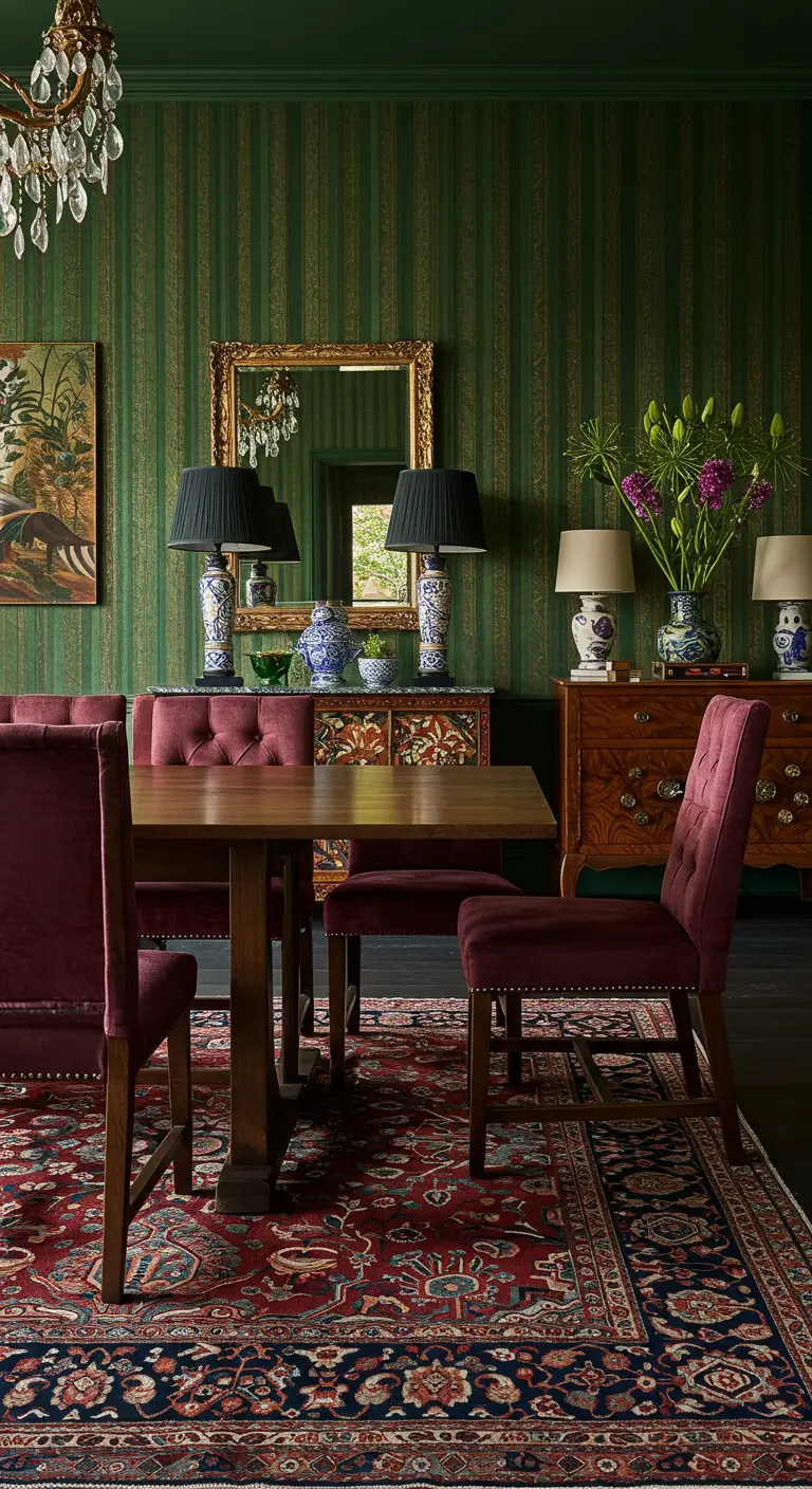Comedor de estilo clásico con papel pintado de rayas verdes, muebles de caoba y sillas borgoña.
