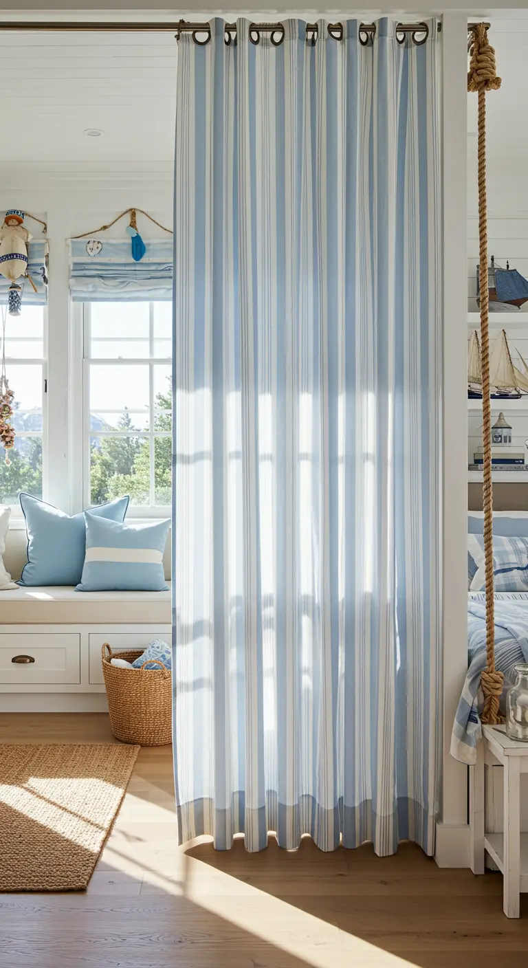 Cortina de rayas azules y blancas dividiendo un dormitorio de estilo náutico o costero.