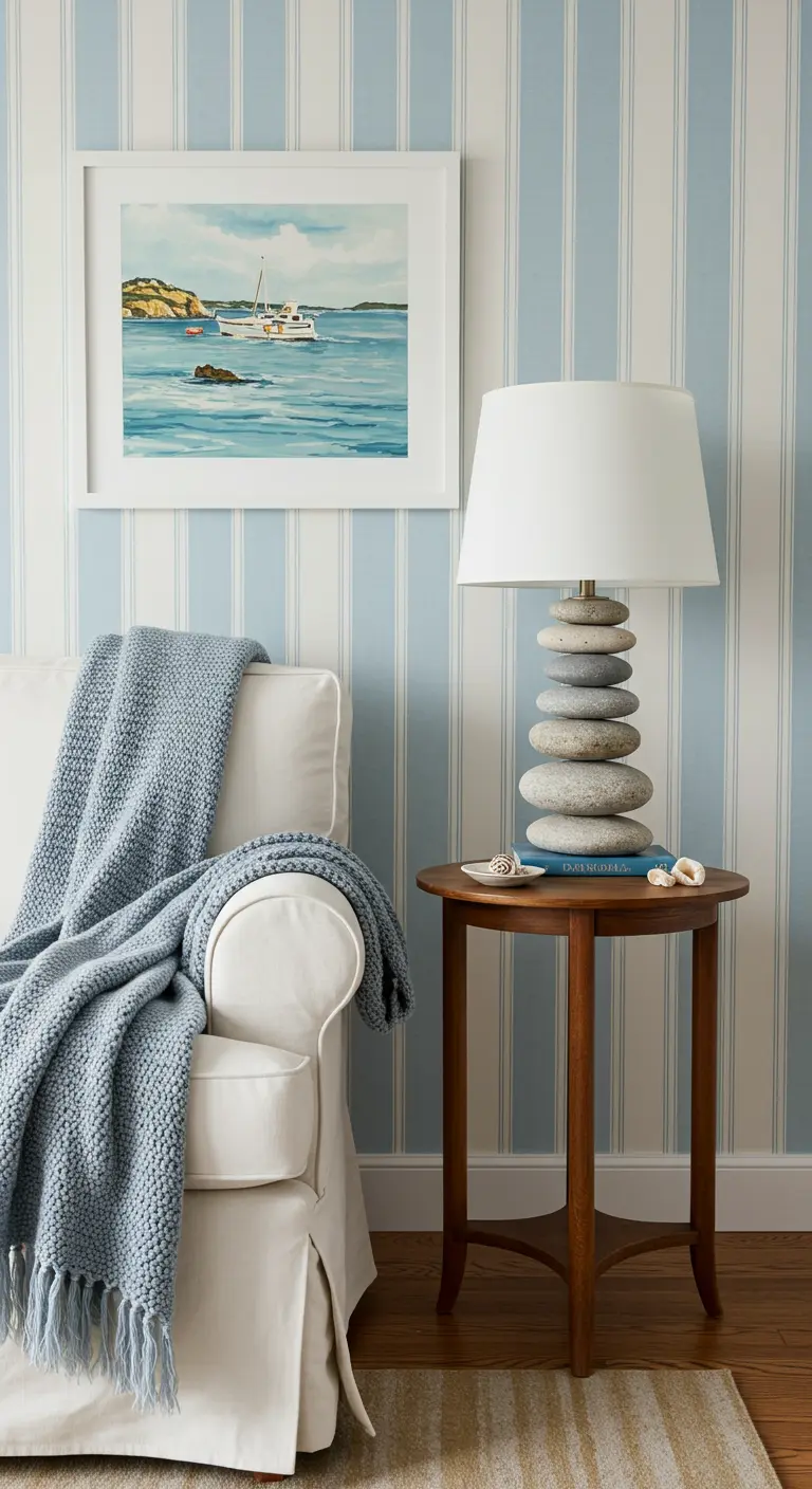 Rincón de lectura costero con pared de rayas azules y blancas y lámpara de piedras.