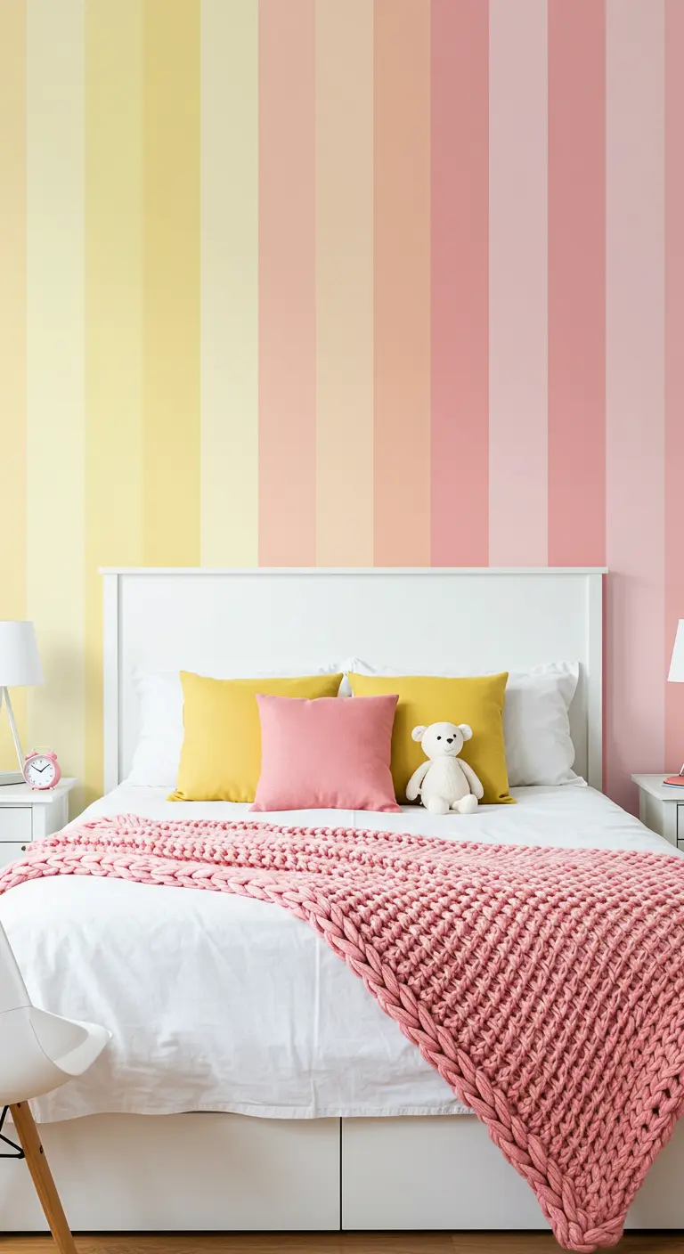 Dormitorio con pared de rayas verticales en tonos degradados de amarillo y rosa.
