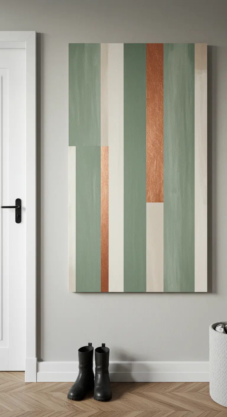 Cuadro abstracto grande con rayas verticales en verde salvia, blanco y cobre, colgado en una pared gris.