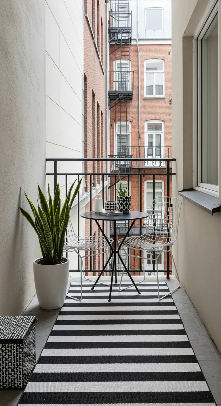Balcón estrecho con una alfombra de rayas blancas y negras, sillas de alambre y una planta alta.