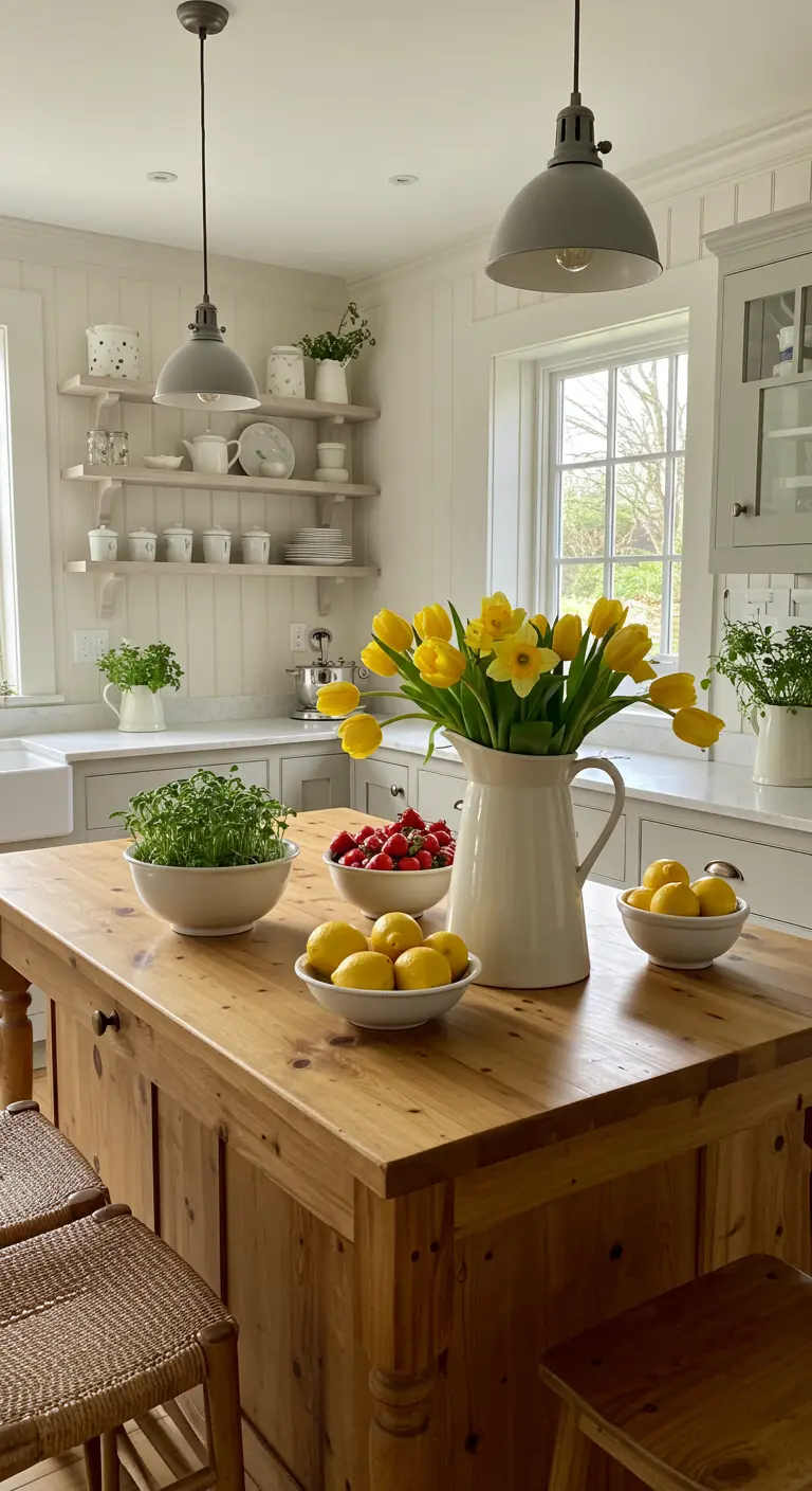 Isla de cocina de madera con tulipanes amarillos, limones y fresas.