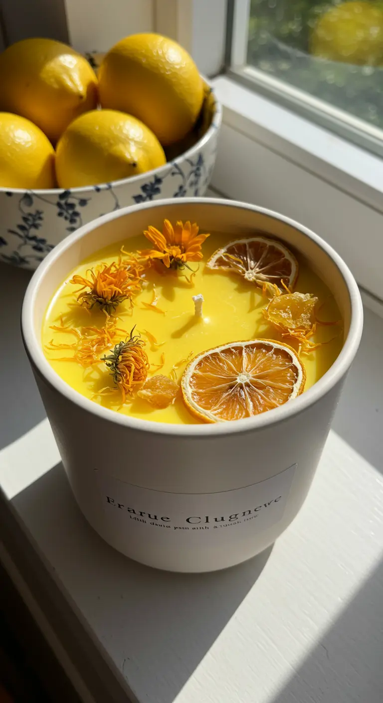 Vela amarilla en recipiente blanco con rodajas de naranja y caléndula.