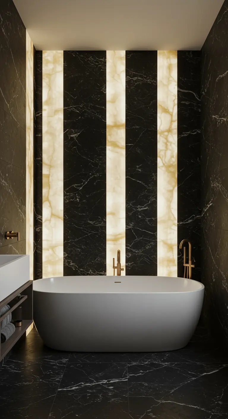 Baño con pared de paneles verticales de mármol negro y ónix retroiluminado.