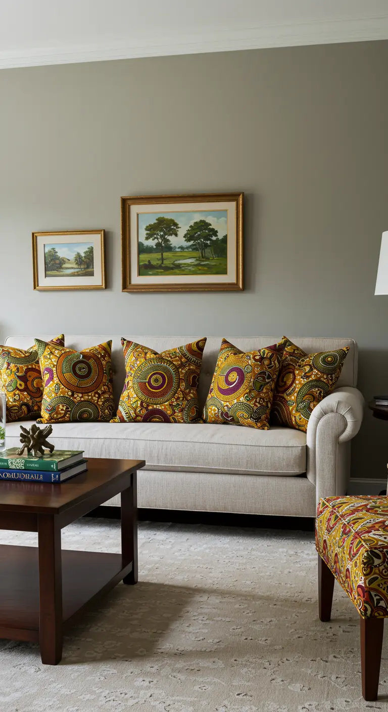 Sofá beige decorado con varios cojines con vibrantes patrones en tonos amarillos y ocres.