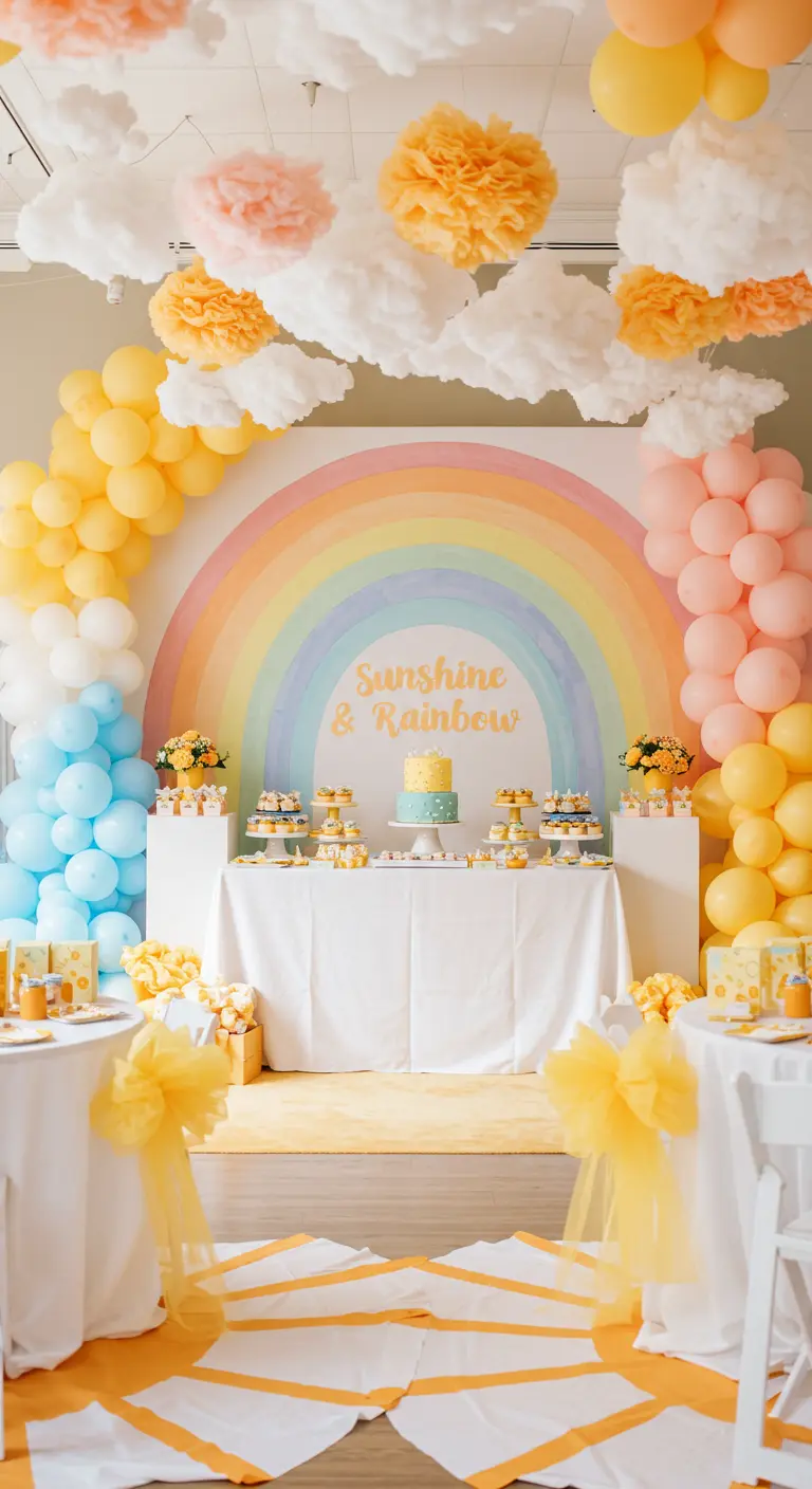 Decoración de fiesta con temática de arcoíris y sol, con un gran arco de globos.
