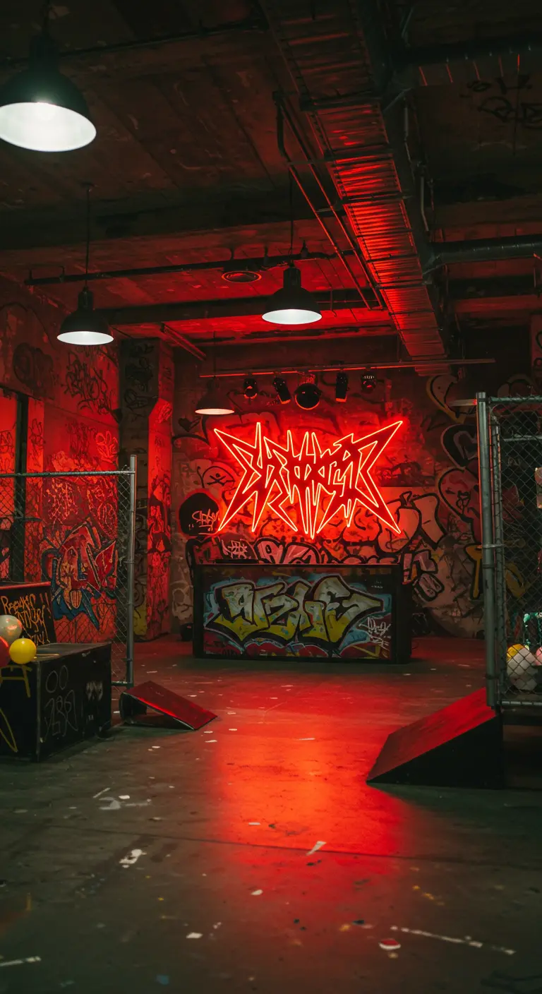 Fiesta grunge con un letrero de neón rojo de estilo rock sobre un fondo de grafitis.