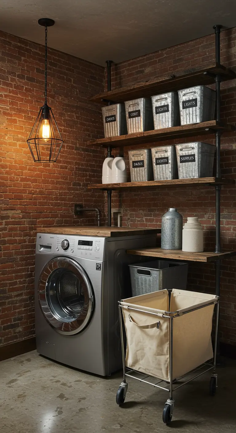 Lavandería de estilo industrial con pared de ladrillo y estanterías de tuberías y madera.