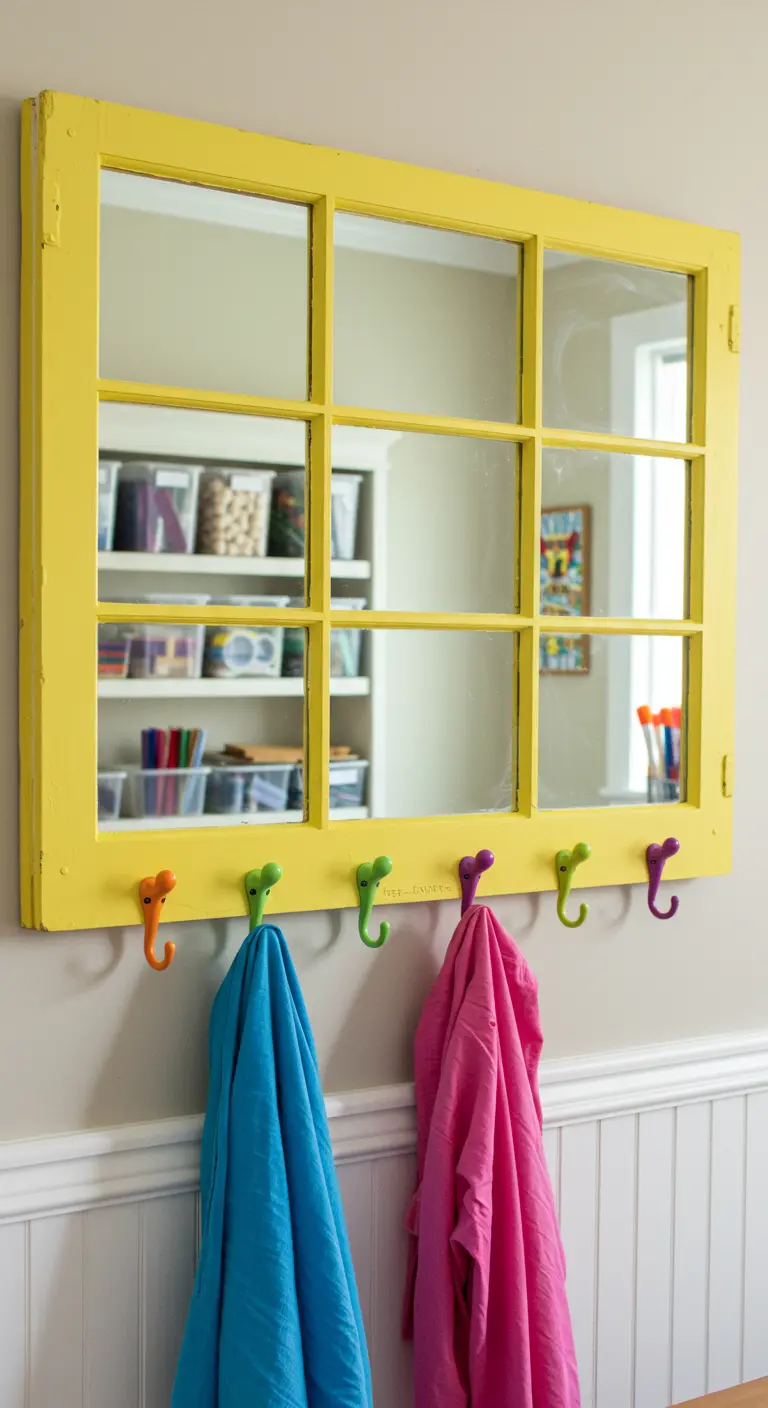 Espejo de ventana amarillo con ganchos de colores para colgar abrigos en una entrada