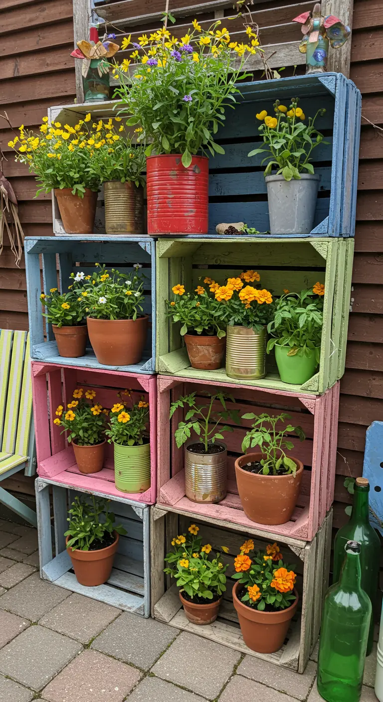 Estantería hecha con cajas de madera recicladas y pintadas de colores pastel, llenas de flores.