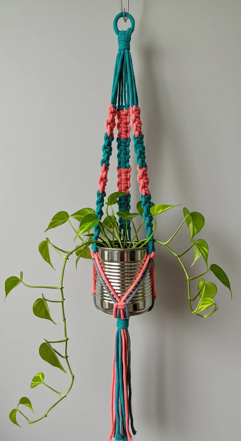 Colgador de macramé tricolor (turquesa, coral, gris) sosteniendo una lata reciclada como maceta.