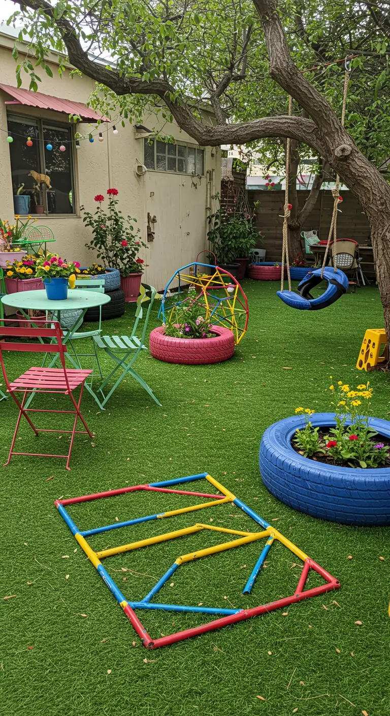Jardín colorido con juegos hechos de neumáticos reciclados y pintados de colores vivos