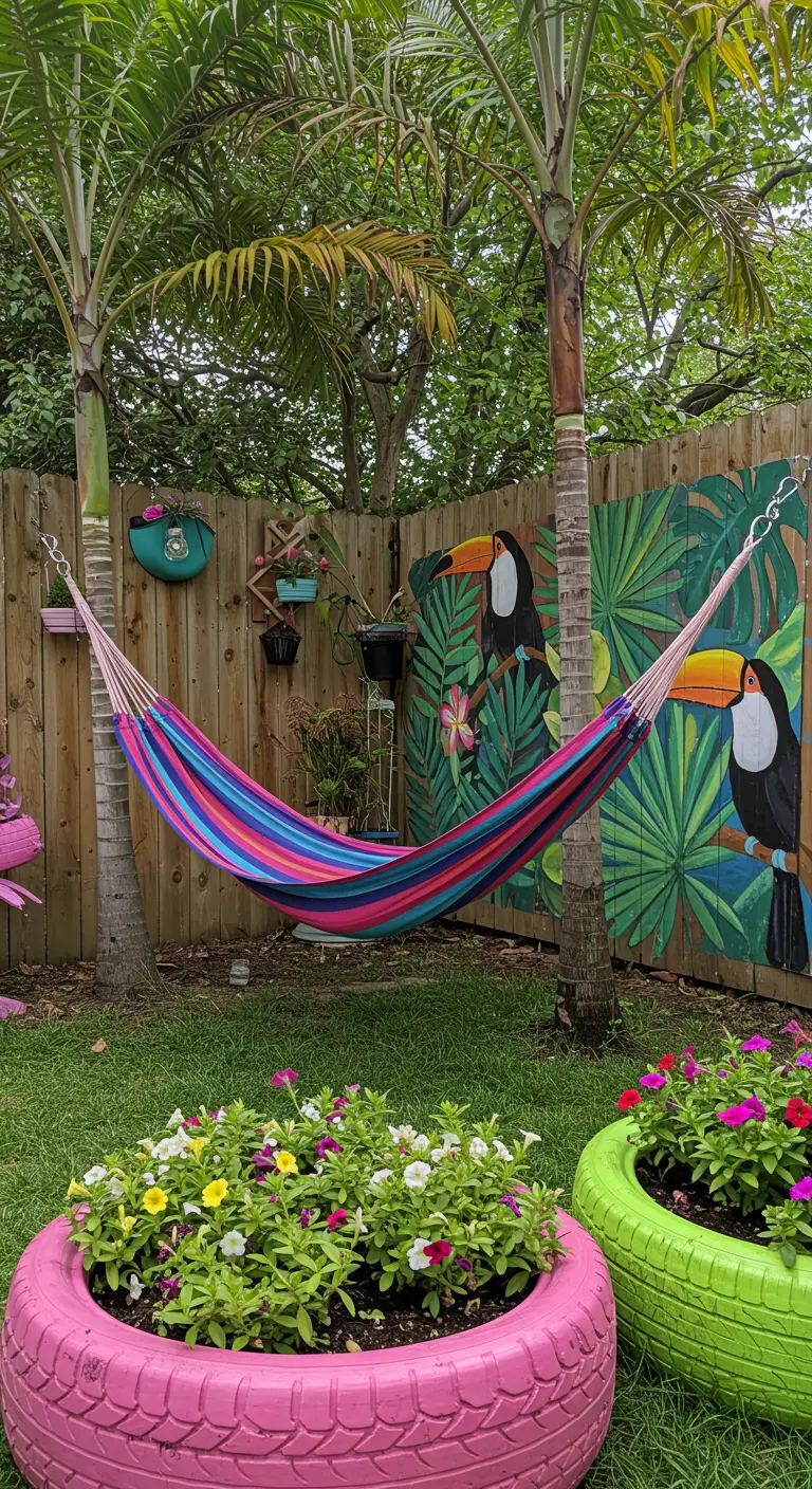 Jardín con hamaca colorida, maceteros hechos con neumáticos pintados y un mural de tucanes.